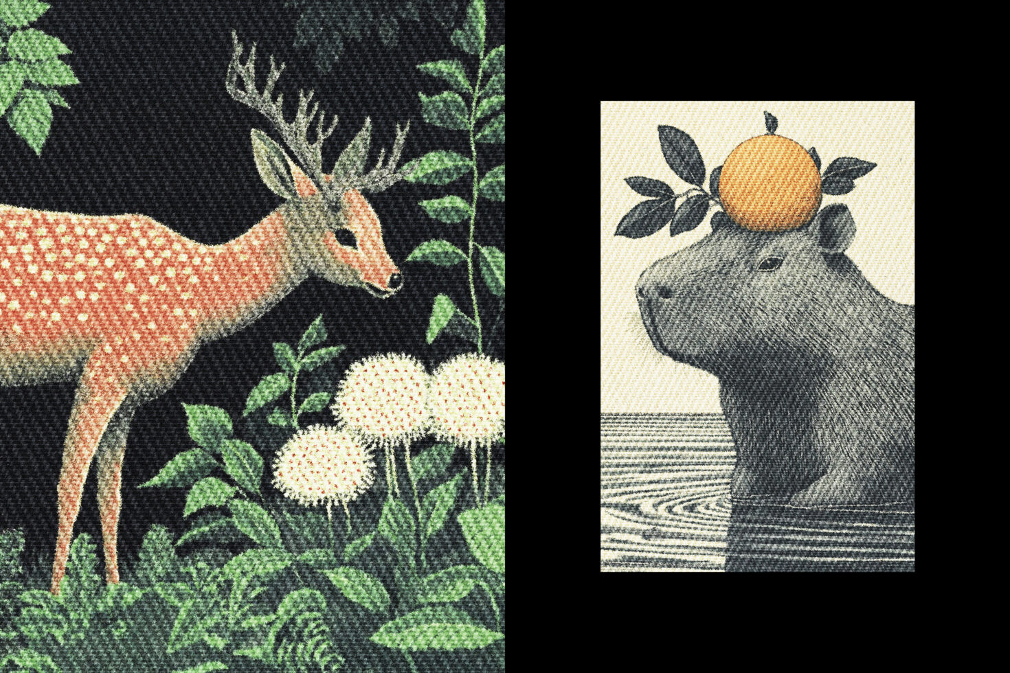 Vintage illustration featuring a deer in a forest and a capybara with an orange on its head. Perfect for design projects, graphics, art prints.