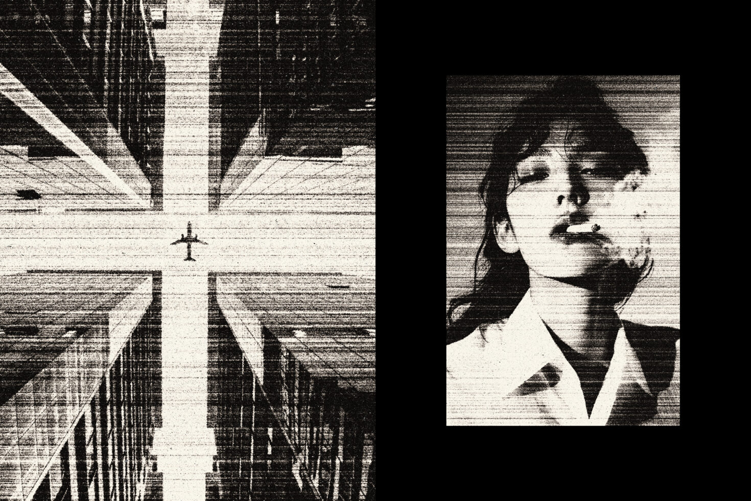 Black and white abstract graphic with urban skyscraper top view and grunge portrait. Ideal for digital design mockups and creative templates.