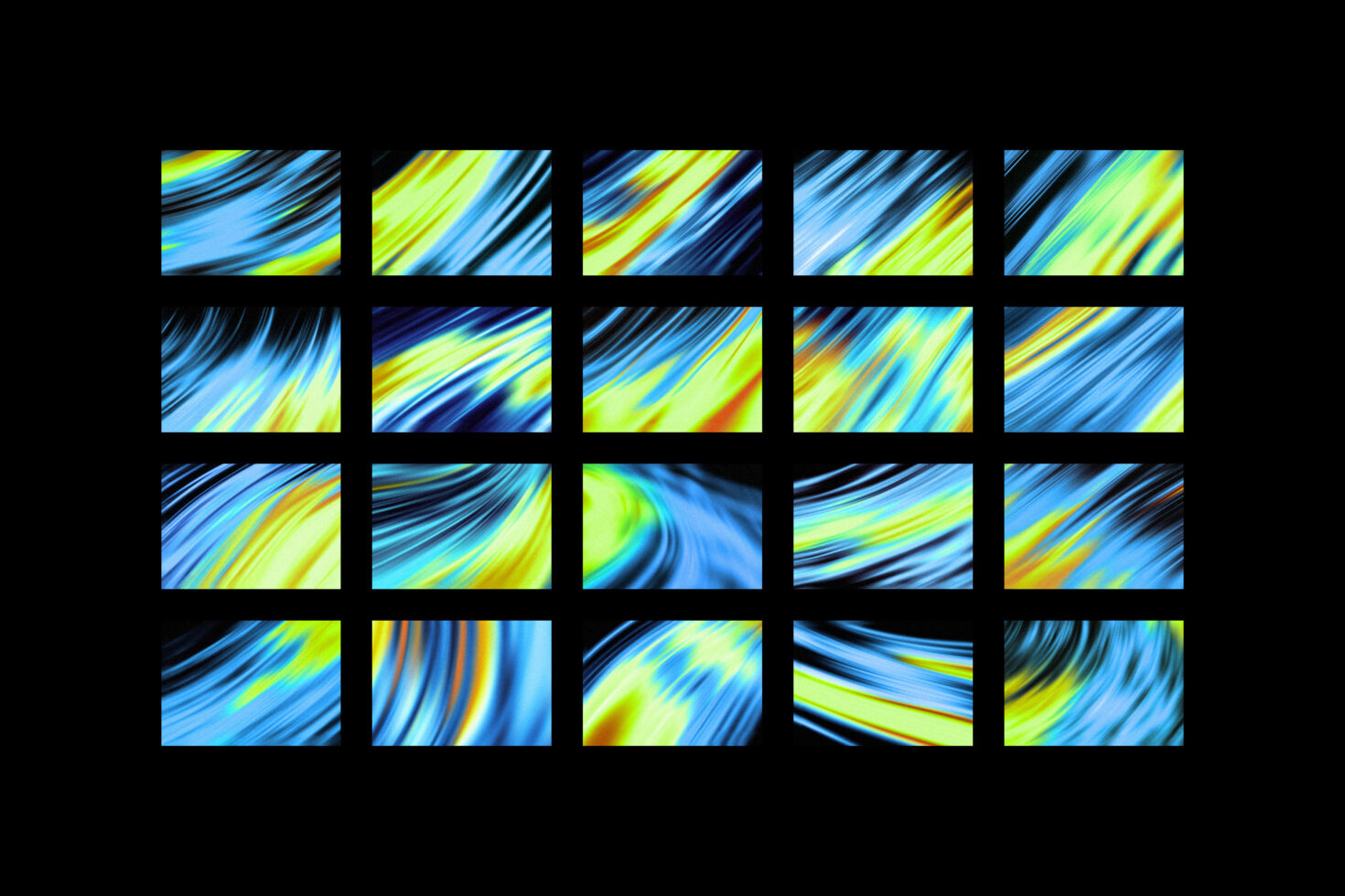 Colorful abstract swirl patterns in a 4x4 grid. Perfect for graphic designers seeking vibrant backgrounds. Keywords: digital art, abstract design, graphics.