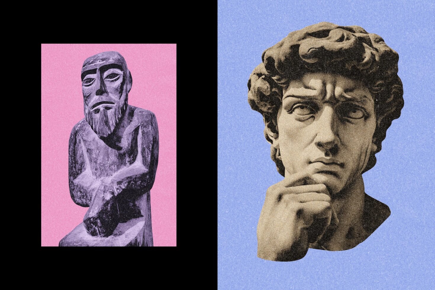 Collage featuring statues on textured pink and blue backgrounds minimalist style digital art historic sculptures design mockup graphic resources