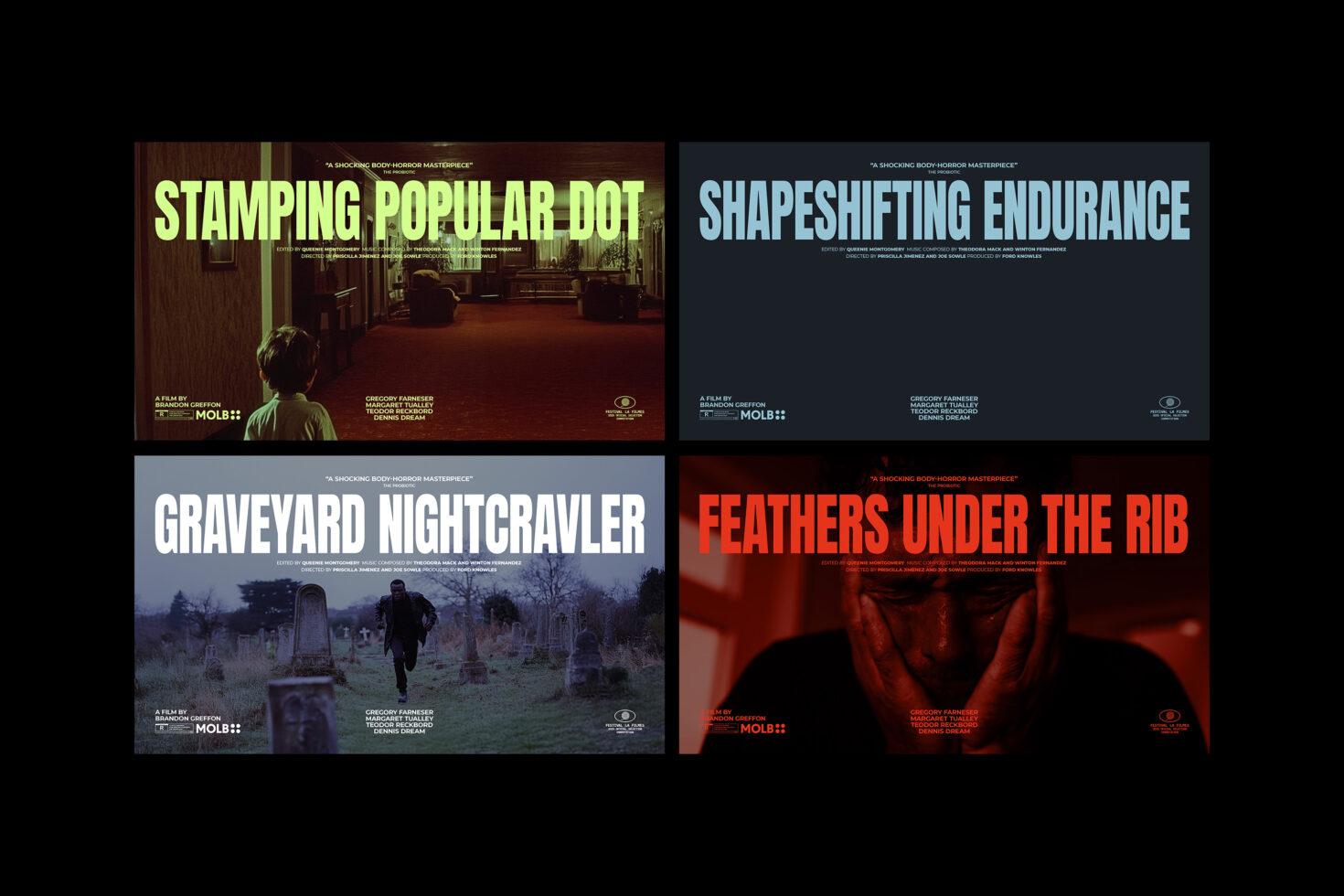 Four horror film posters with bold text for titles like Stamping Popular Dot, Shapeshifting Endurance. Perfect for designers seeking eerie graphics.