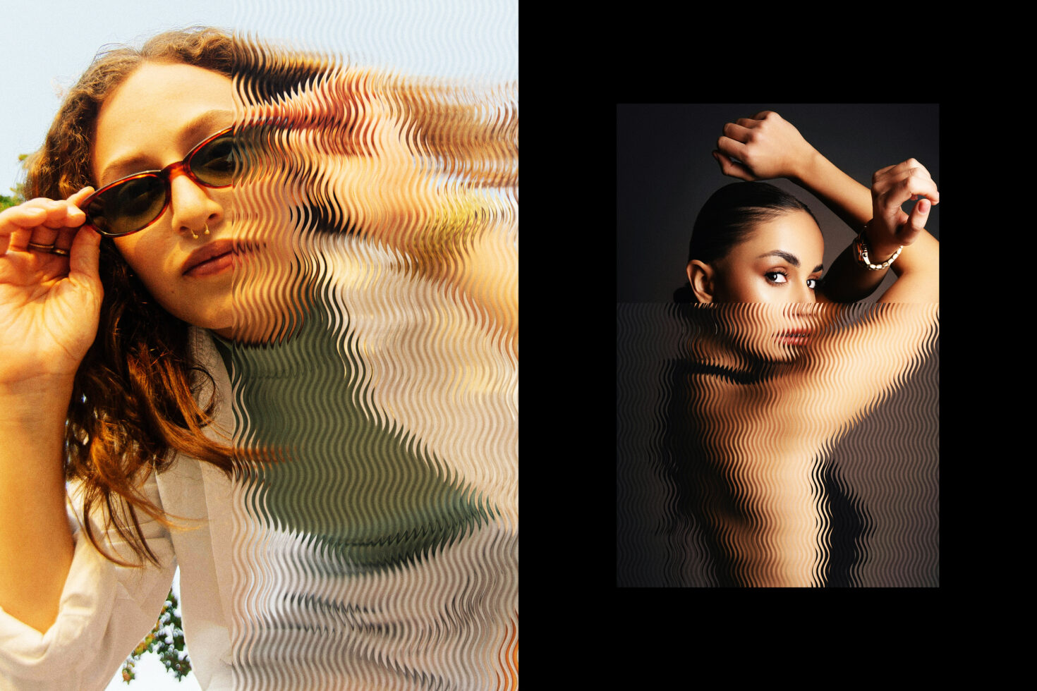 Two women in artistic wave effect portrait, suitable for graphic design. Perfect for designers seeking creative mockup inspiration and modern templates.