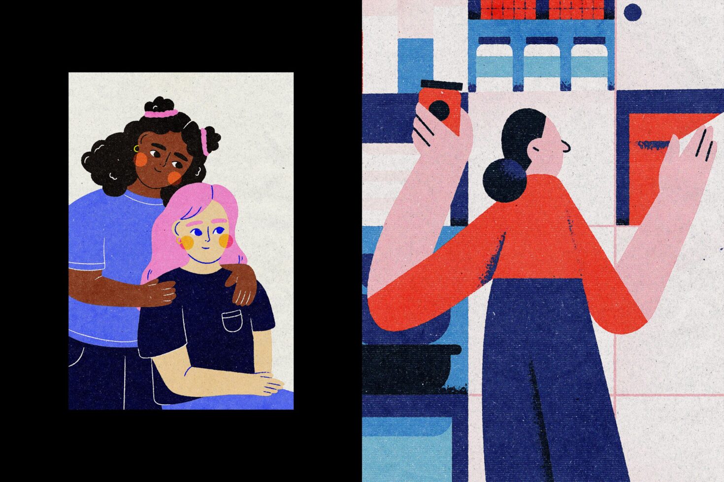 Colorful abstract illustrations featuring two people embracing and a person in a kitchen holding a jar. Ideal for graphics and design inspiration.