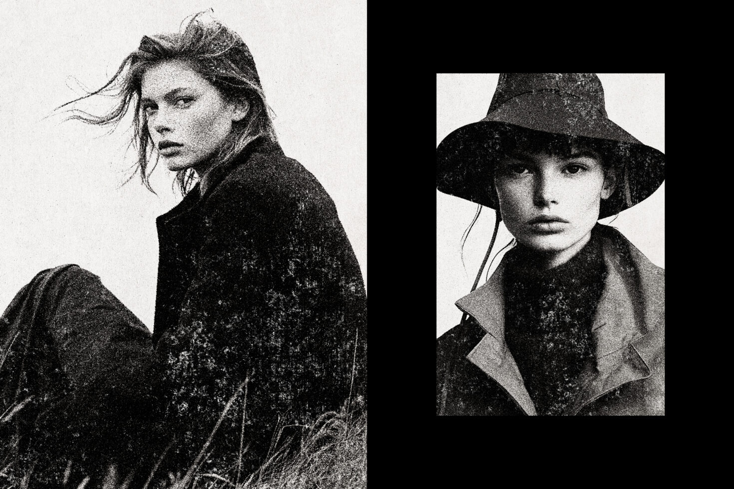 Vintage-style fashion portraits featuring two models with textured effects wearing coats and hats. Ideal for graphics, mockups, and design templates.