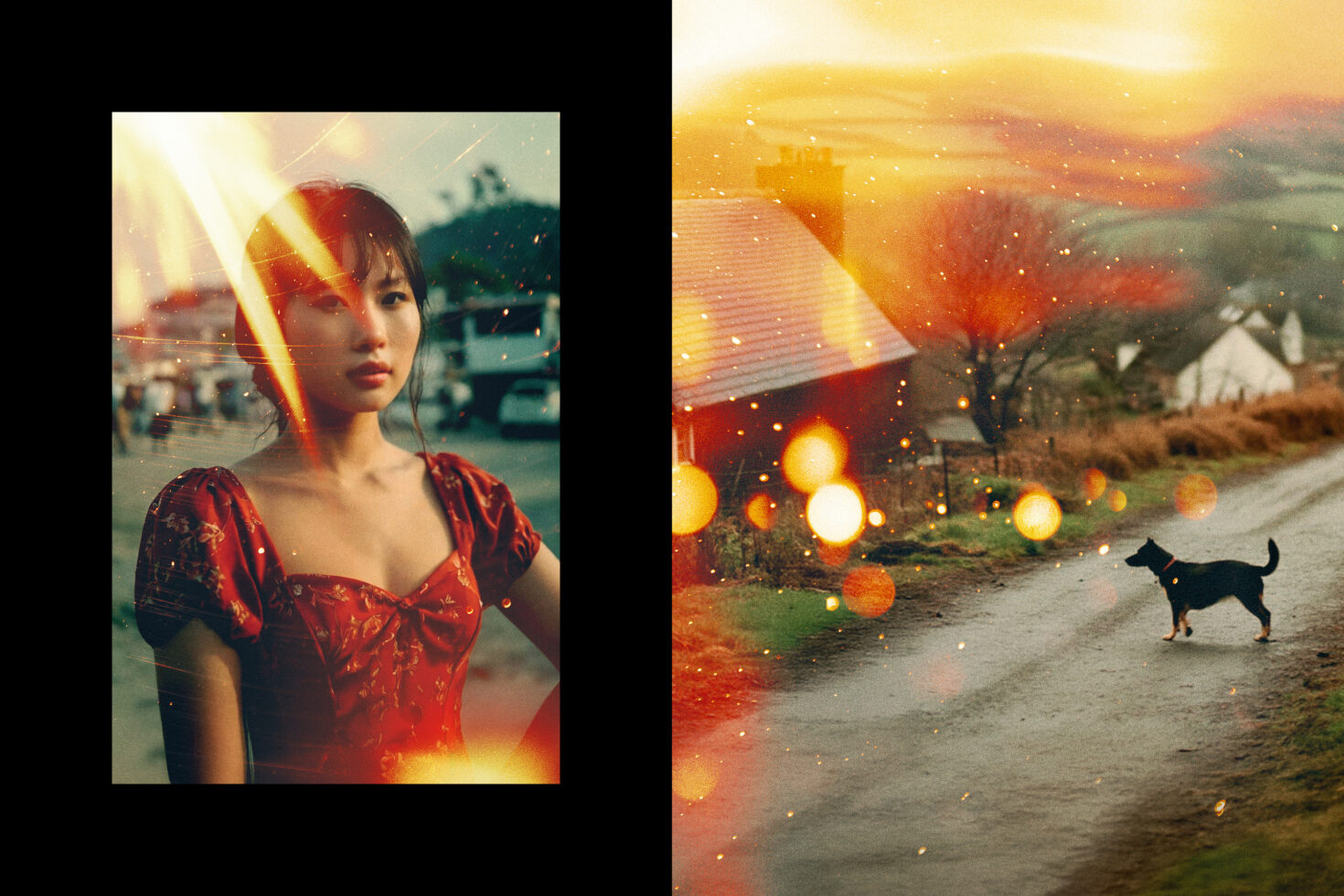 Dual photo design with woman in red dress and countryside scene featuring a dog. Vintage aesthetics and light effects. Suitable for graphics or mockups.