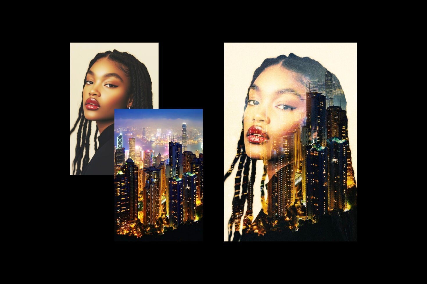 Double exposure portraits blended with cityscape, person's profile merged with night buildings