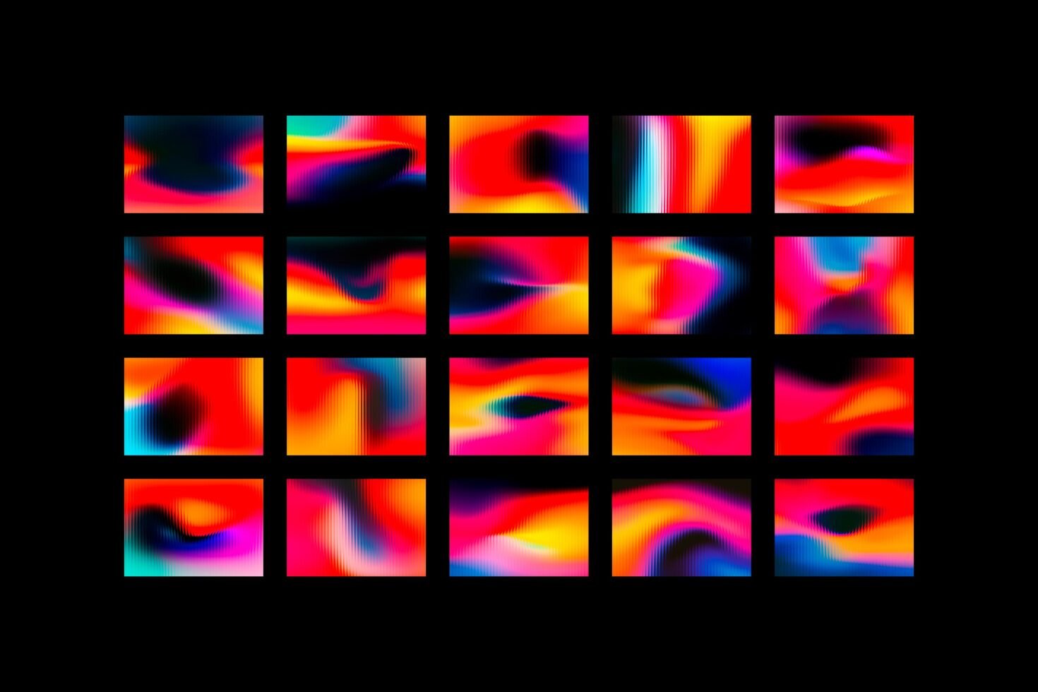 Colorful abstract gradient backgrounds set in fluid shapes with vibrant hues suitable for graphic design templates and digital asset mockups.
