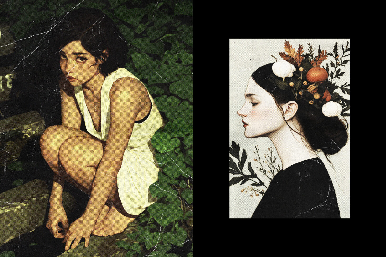 Dual portrait artwork with a crouching woman on the left in a vintage style and a side profile of a woman with floral headpiece on the right. Graphics design.