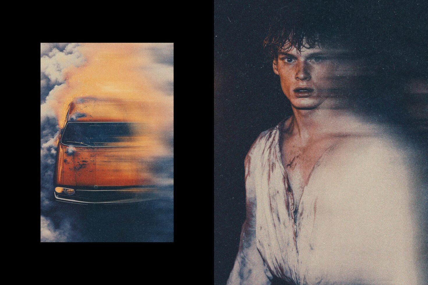 Vintage digital art showcasing a blurred car enveloped in smoke and a distressed man in motion. Perfect for designers in graphics and templates.