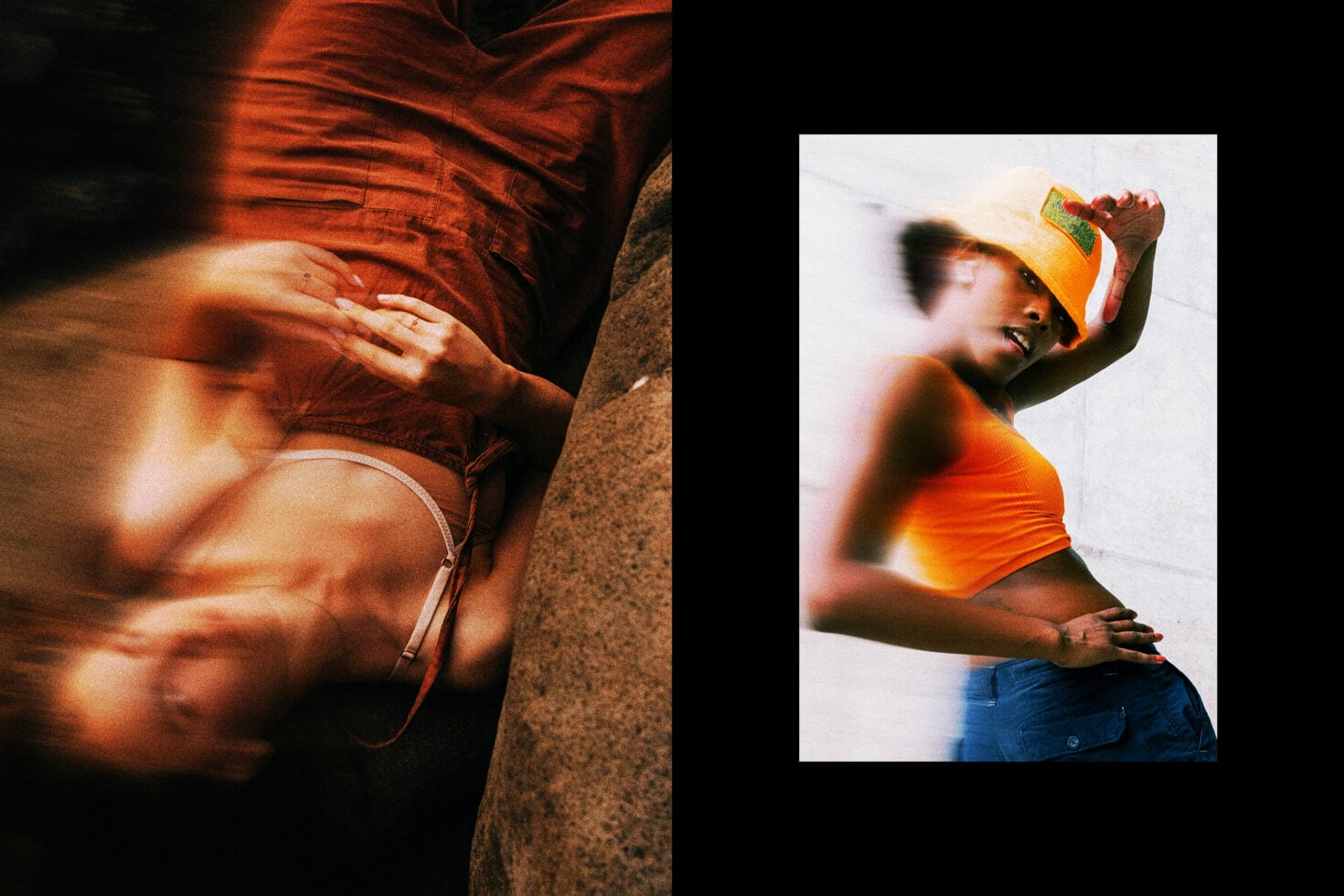 Split layout showing close up hands in orange fabric plus portrait of person in motion blur