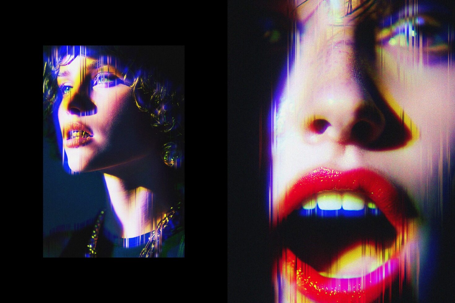 Vibrant glitch art portrait of a person with colorful lighting and digital distortion effects. Ideal for designers in graphics and digital art projects.