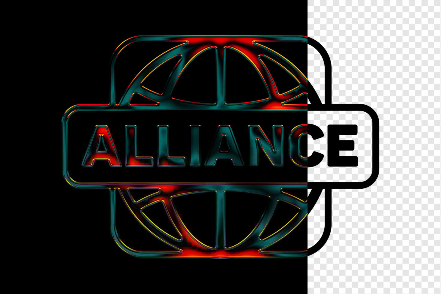 Futuristic 3D text logo design reading Alliance in vibrant colors half on a black half on a transparent background ideal for branding and graphics.