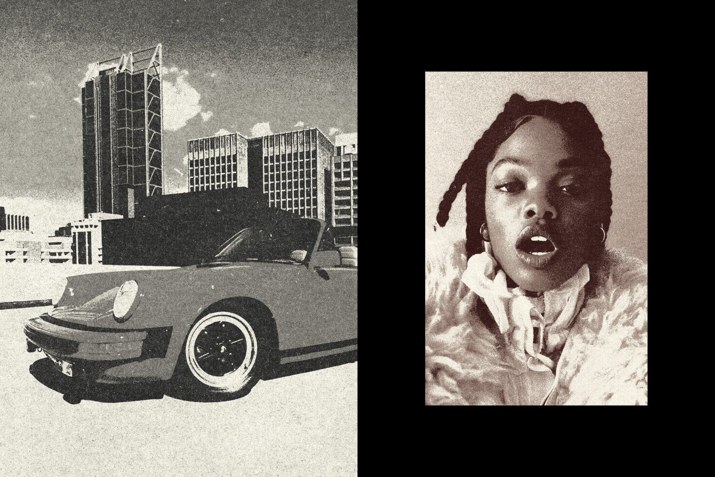 Vintage aesthetic split image featuring a sepia tone cityscape with car and portrait of a person. Ideal for designers seeking retro visual elements.