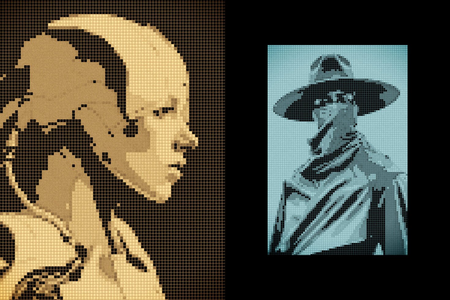 Pixel art with a robotic woman profile in beige tones and a mysterious figure in a hat and scarf in blue tones. Ideal for digital graphics designers