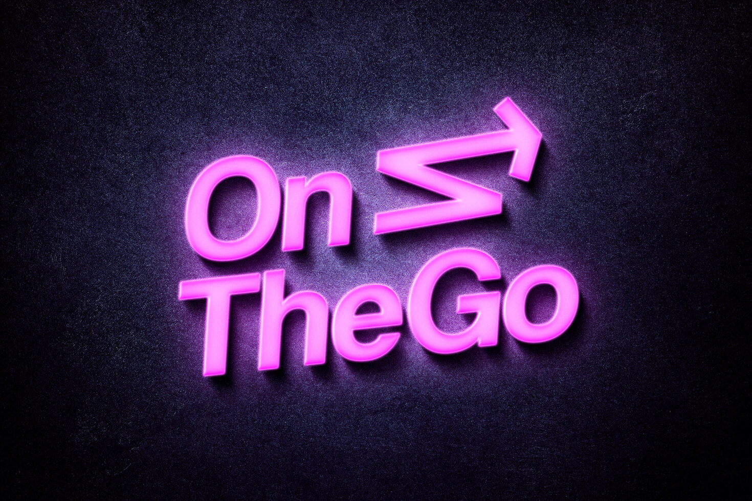 Neon pink text on dark background says On The Go with arrow symbol design. Perfect for graphic design templates logos and creative digital assets.