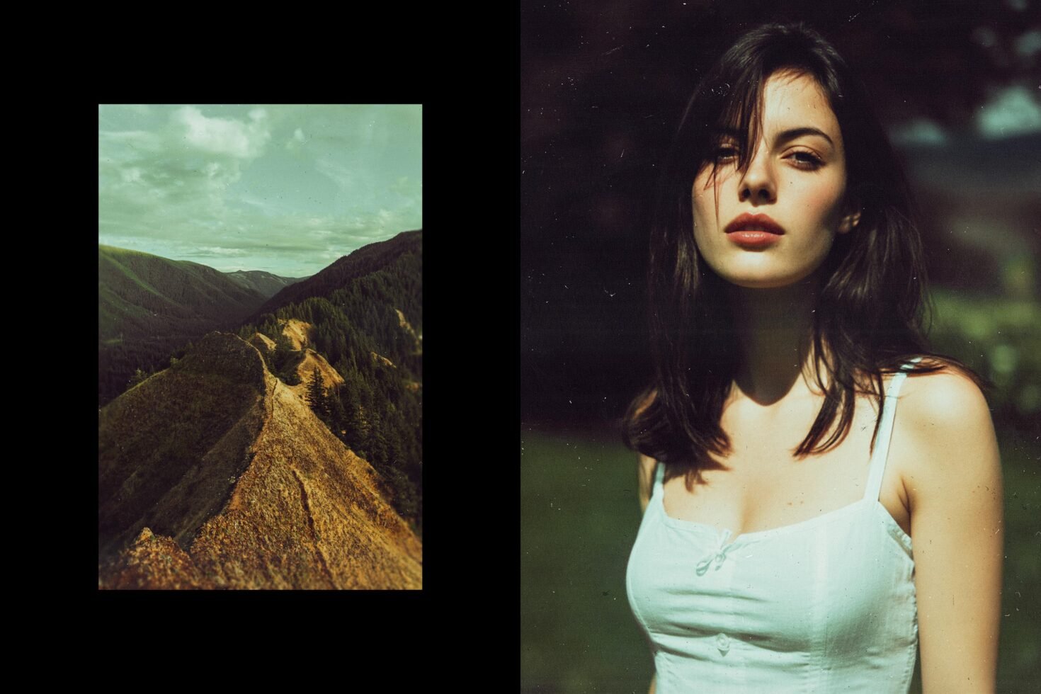 Dual images featuring a serene mountain landscape and a contemplative young woman in natural light ideal for graphics or mockup templates for designers.
