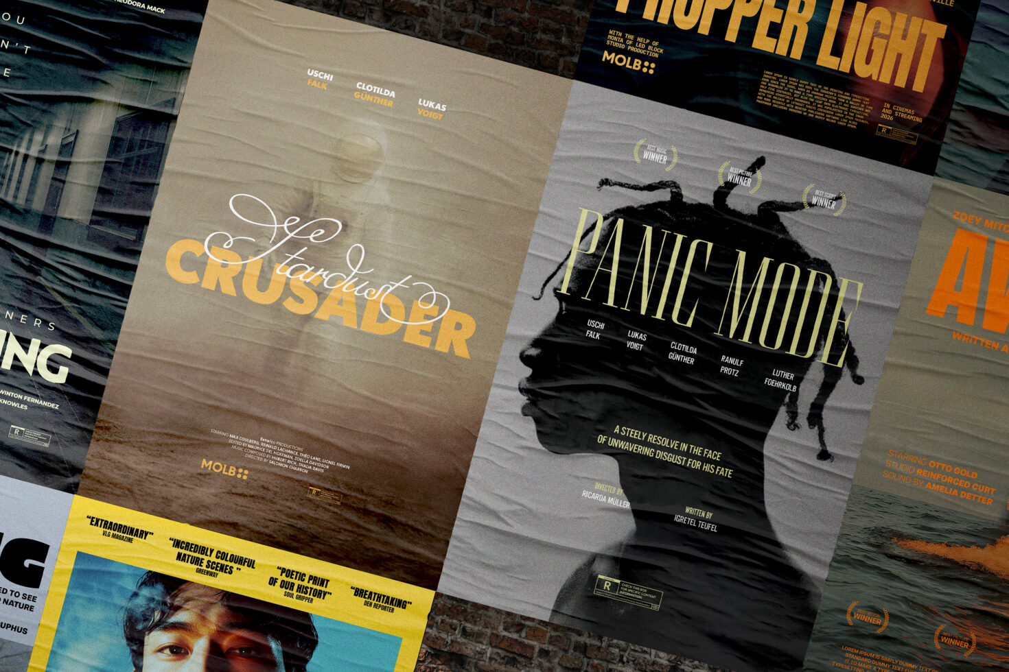 Movie poster mockup collection showcasing diverse designs and typography against a textured background perfect for graphic designers and creatives.