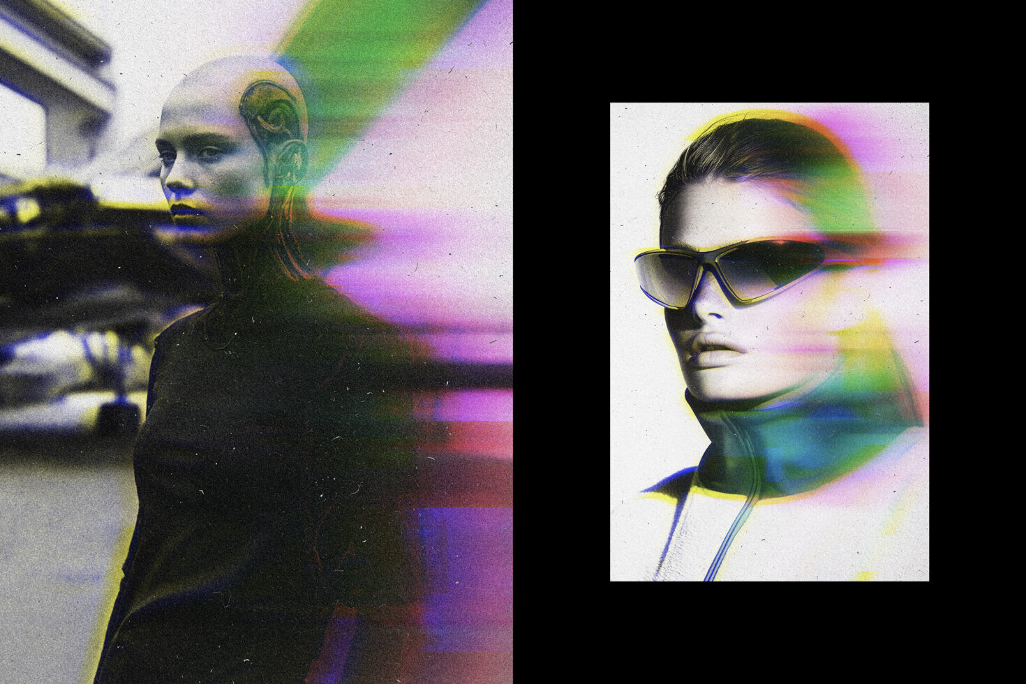 Futuristic digital art featuring glitch effect on two stylish models with vibrant colors suitable for creative graphics templates and designer resources