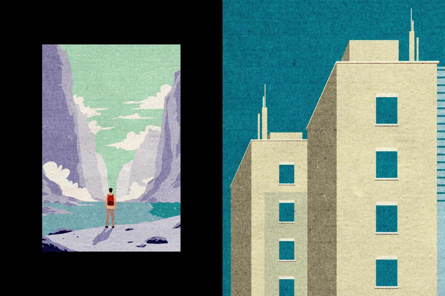 Colorful abstract illustrations featuring a man in a canyon and geometric city buildings. Ideal for graphic design assets. Keywords: illustrations, graphics, design, assets.
