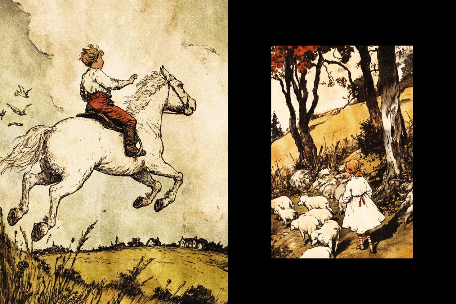 Vintage illustration featuring a child riding a horse and another herding sheep in a rustic landscape. Ideal for designers seeking historic graphic assets.