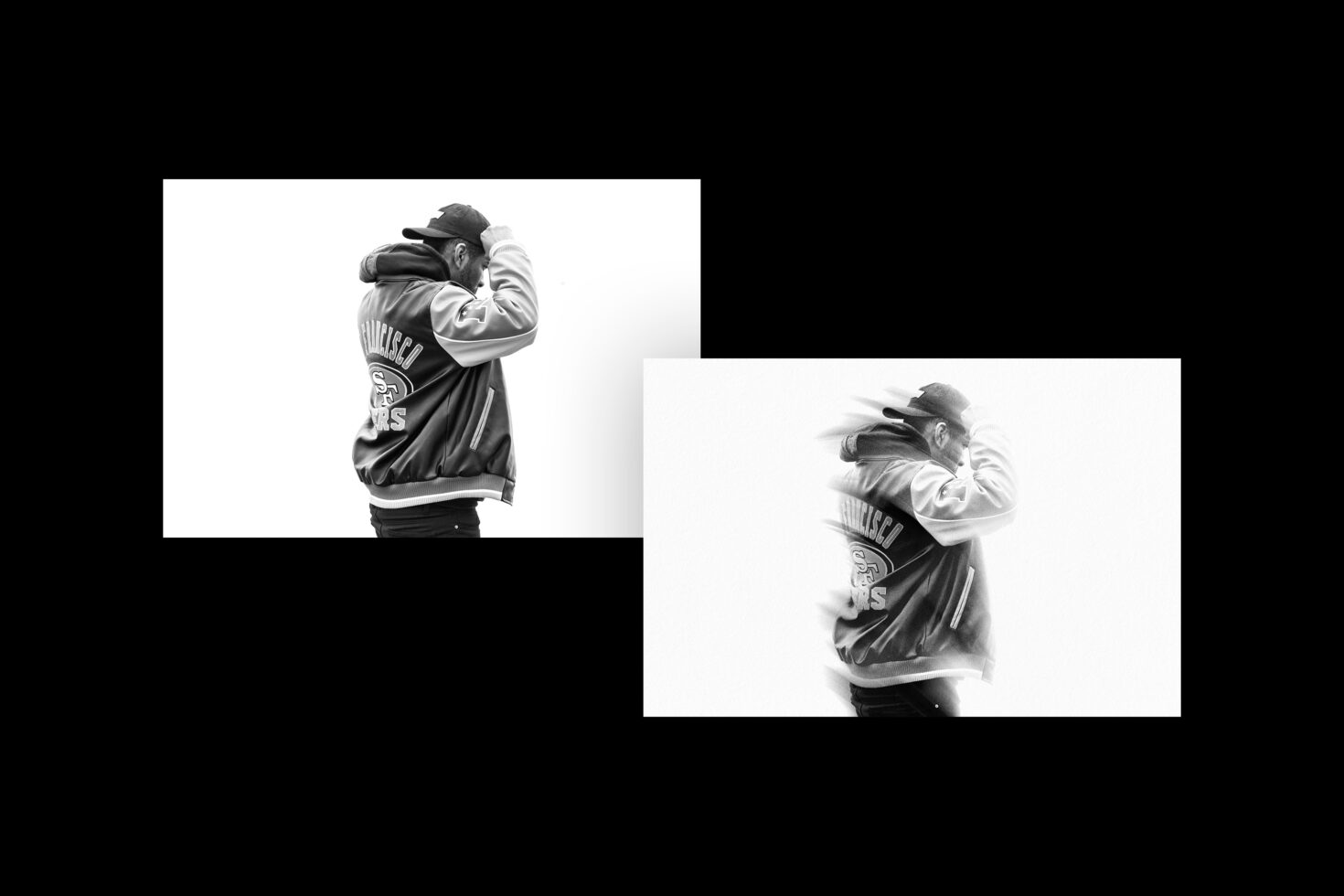 Black and white mockup featuring a person in a jacket and cap with abstract motion effect ideal for designers digital art graphics templates.