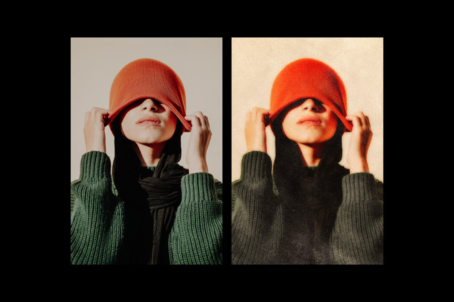 Dual portrait of a person with an orange hat and green sweater vibrant and vintage effects photo editing graphic design template for creative projects.