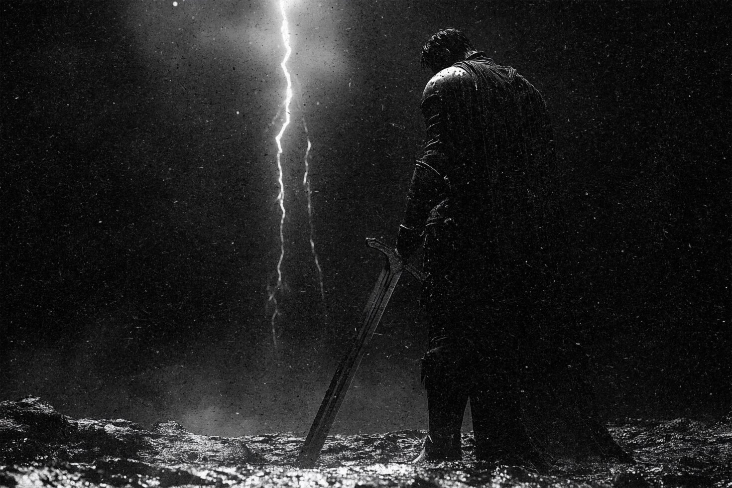 Dramatic black and white illustration of a warrior with a sword under lightning. Ideal for fantasy graphics, concept art, design inspiration, templates.