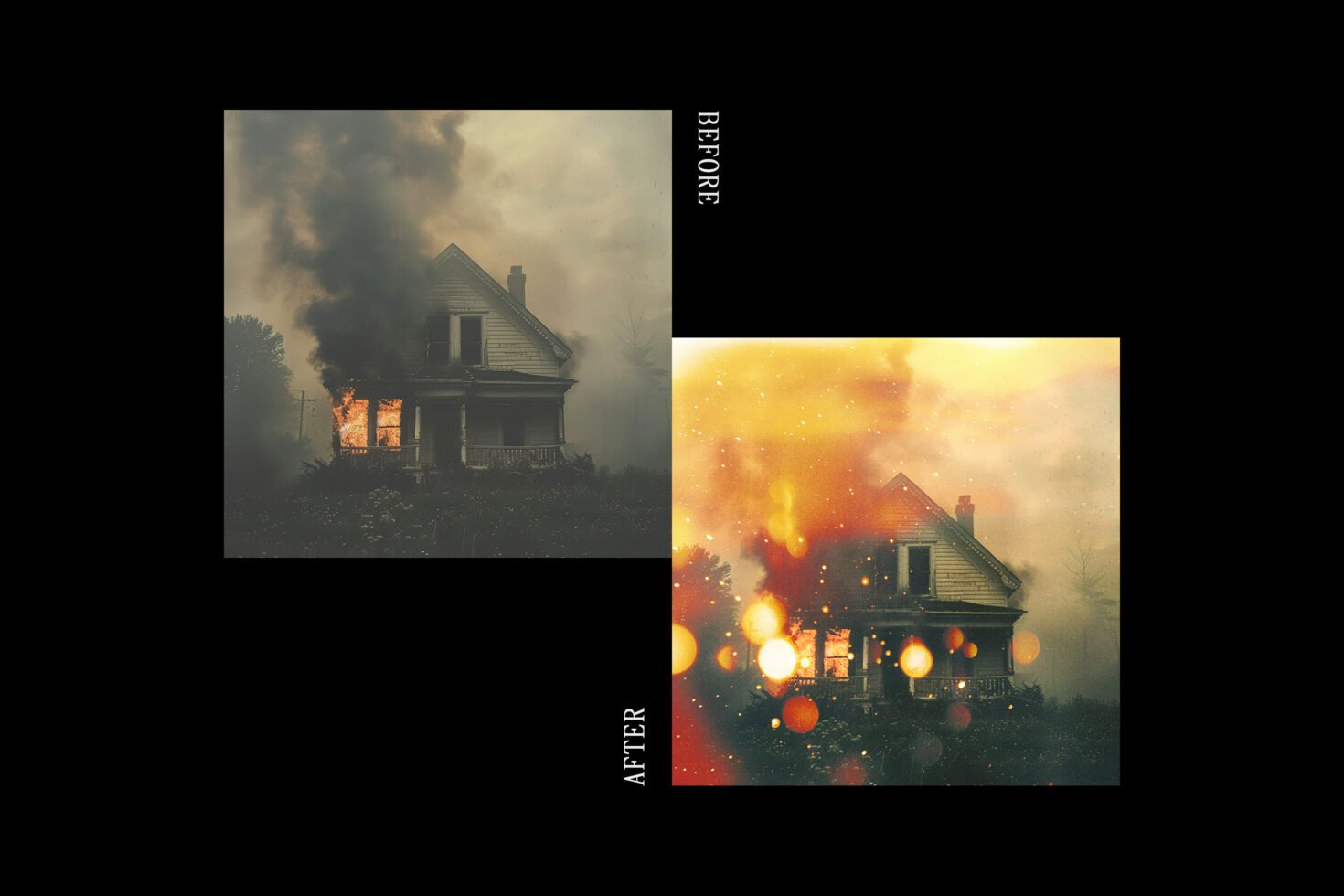 Side-by-side comparison of a burning house before and after editing; dramatic lighting; perfect for designers; mockup; graphic design assets.