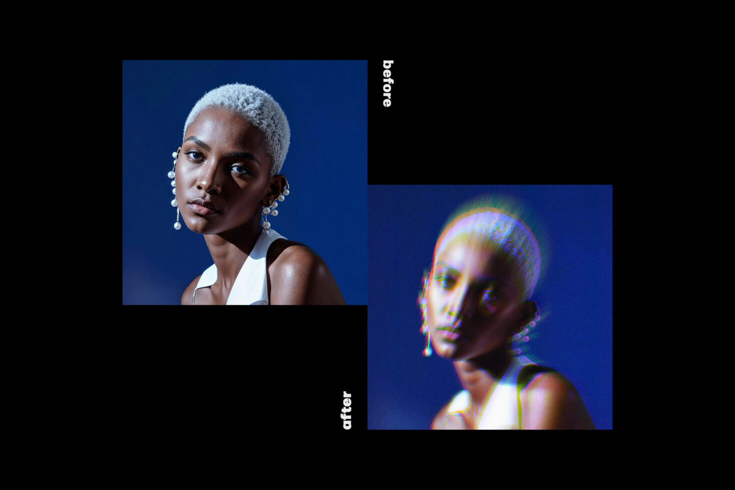 Portrait comparison featuring before and after photo edits with glitch effects. Ideal for graphic designers seeking unique photo manipulation ideas.