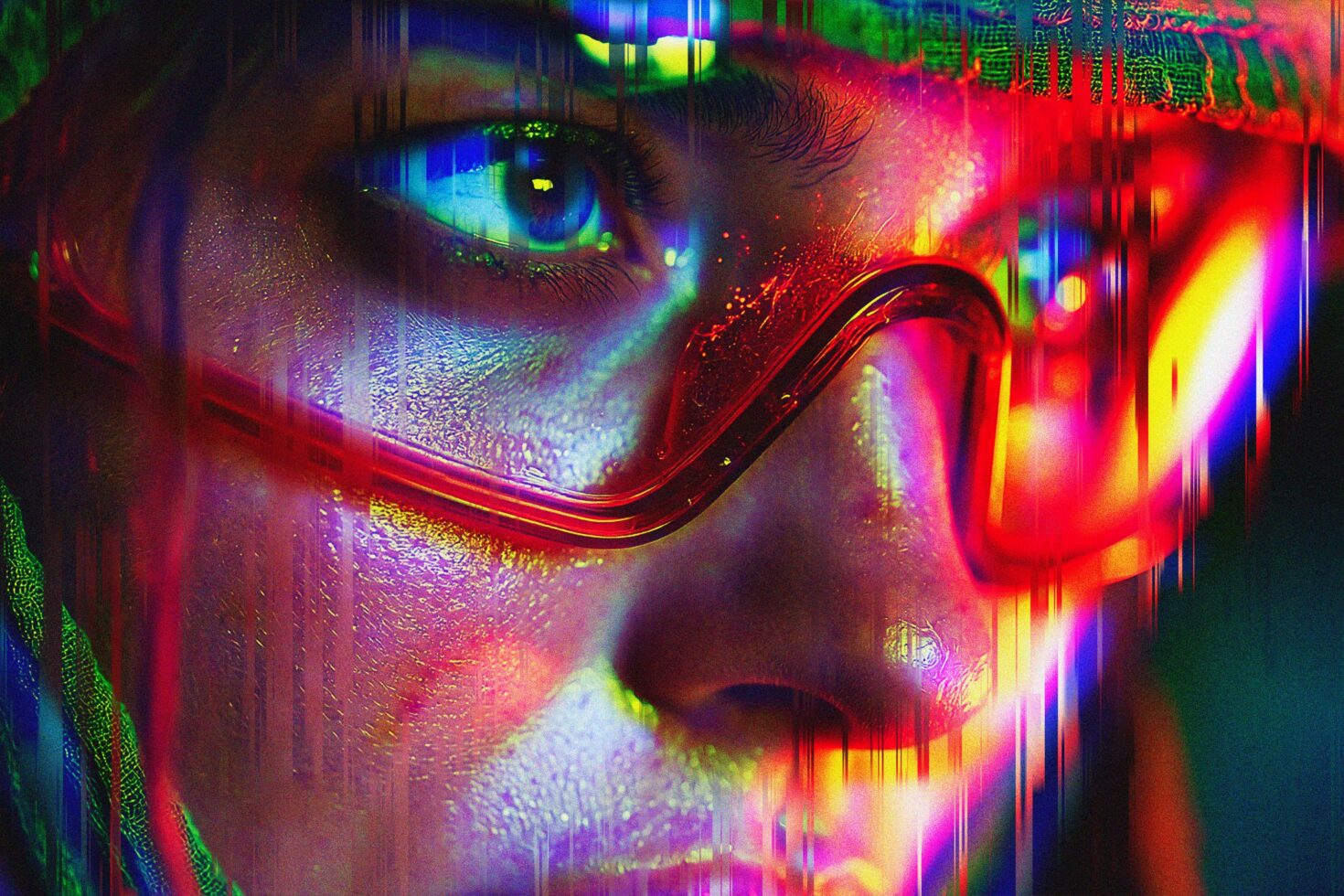 Colorful abstract close-up of a person's face wearing red glasses. Glitch art effects. Suitable for digital art projects and design. Vibrant neon hues.