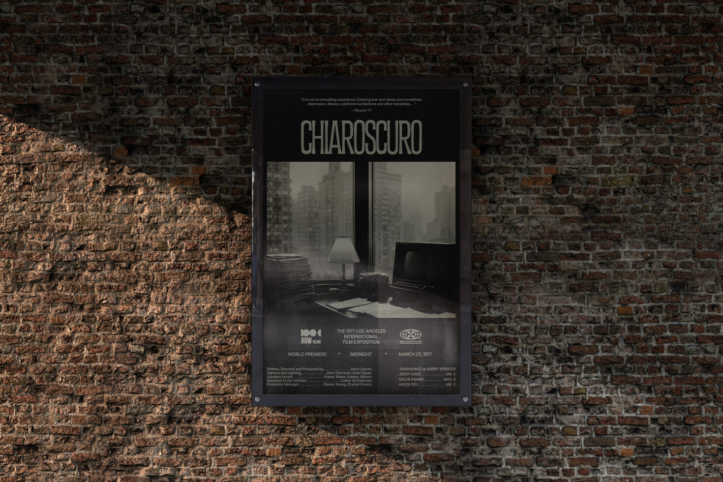 Poster mockup on textured brick wall featuring vintage film noir theme with cityscape, ideal for graphic design templates and creative presentations.