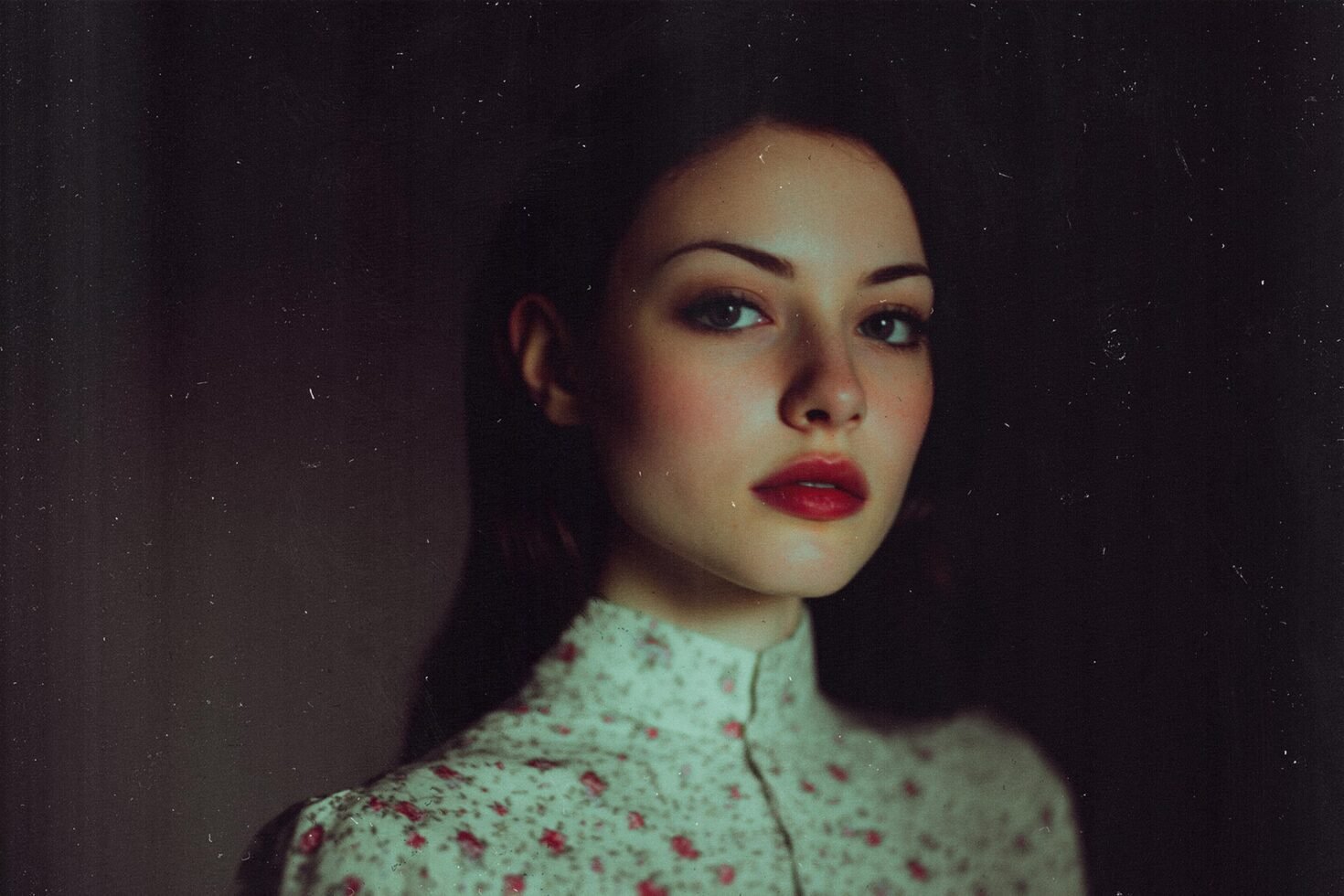 Portrait of a woman in floral blouse with soft lighting. Ideal for designer templates mockups fashion design or artistic graphics. Vintage style.
