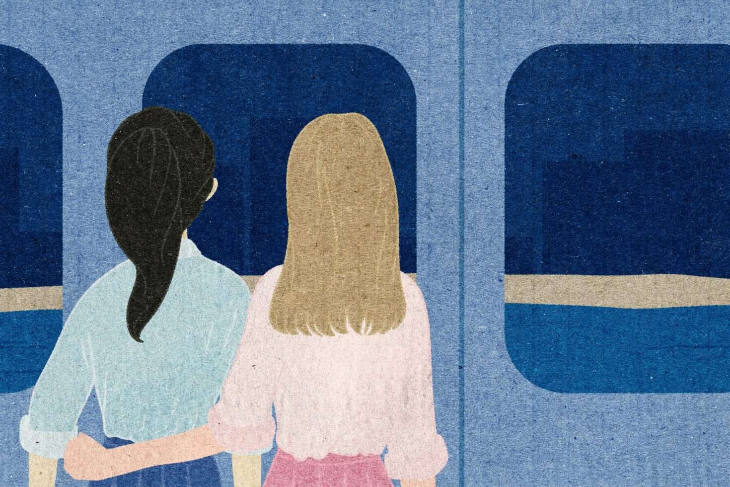 Illustration of two women in soft pastel colors inside a subway. Perfect for graphics or template designs. Use for creative projects and backgrounds.