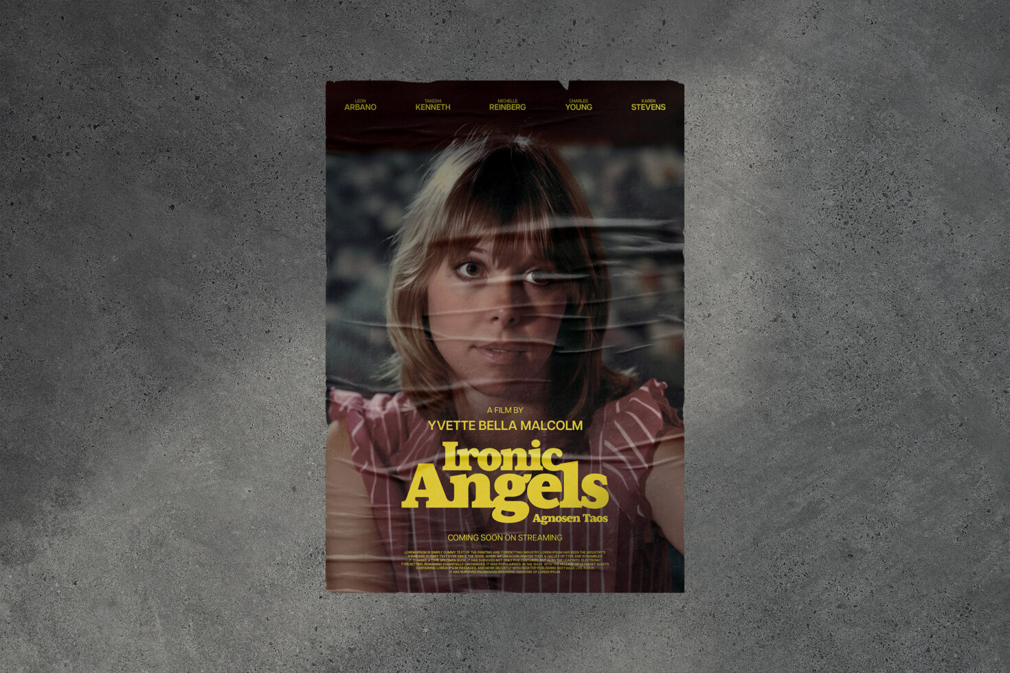 Vintage-style poster mockup on a textured wall featuring a woman's face and bold yellow typography. Ideal for graphic design, templates, and visual projects.