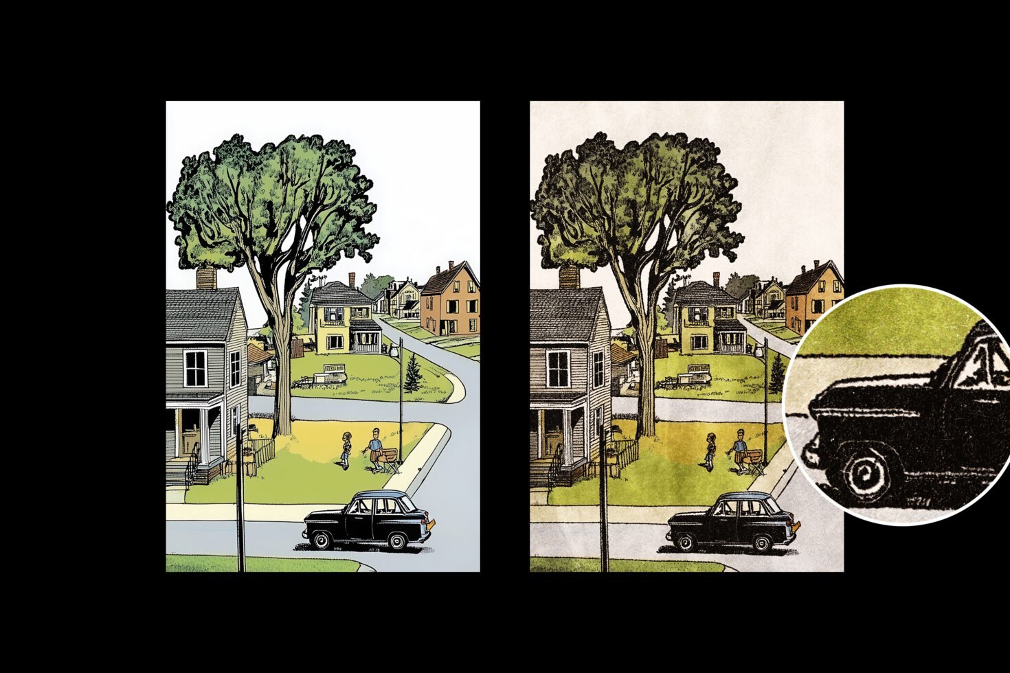 Side-by-side illustration showcasing a vintage neighborhood scene with detailed trees houses and a car ideal for graphic design projects or retro mockups.