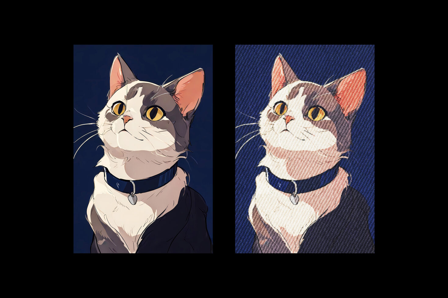 Illustration of a gray and white cat with a blue collar, featuring a classic and halftone style. Ideal for graphics and templates for designers.