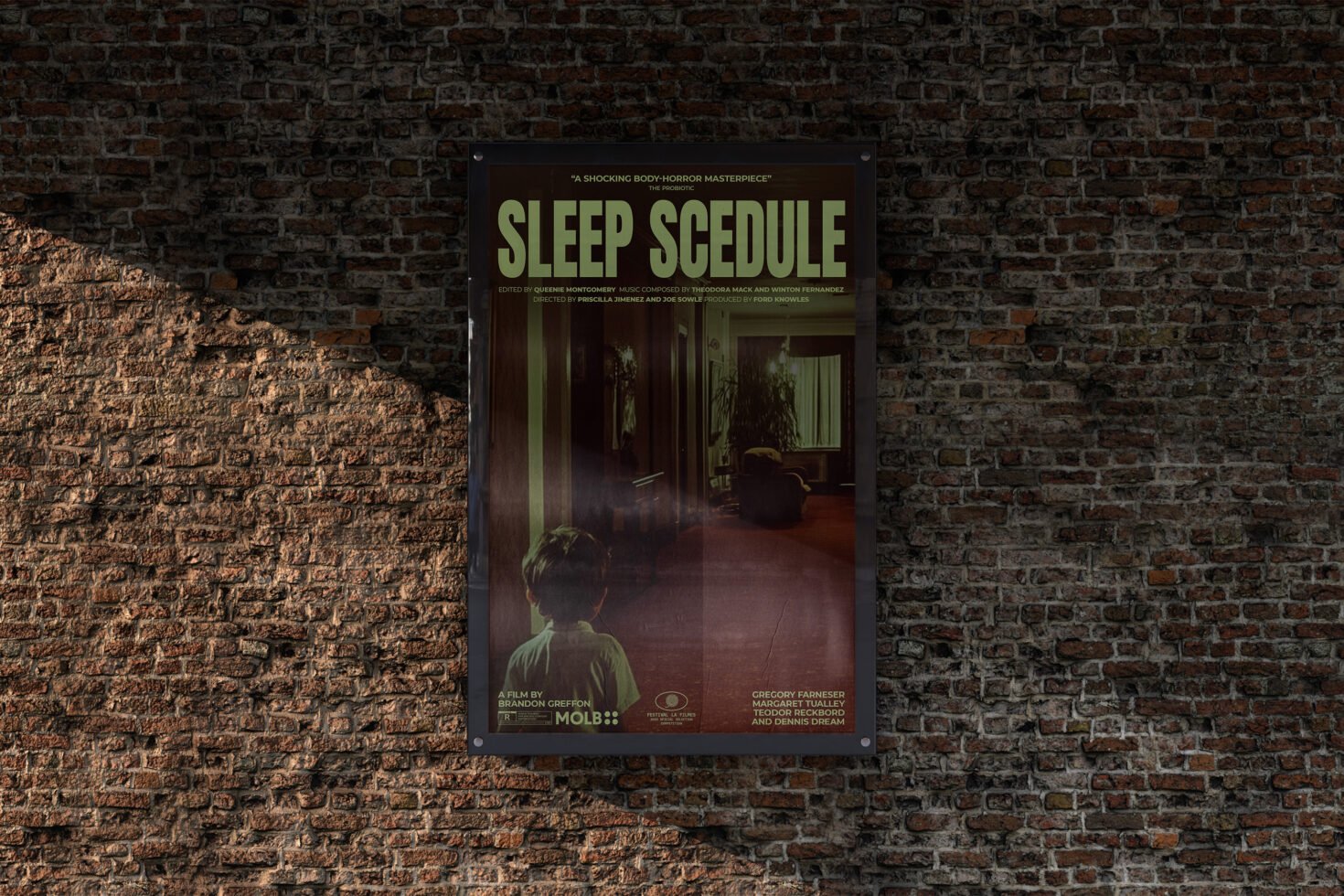 Vintage horror movie poster mockup on textured brick wall featuring bold typography and cinematic imagery. Ideal for designers seeking film-themed graphics.