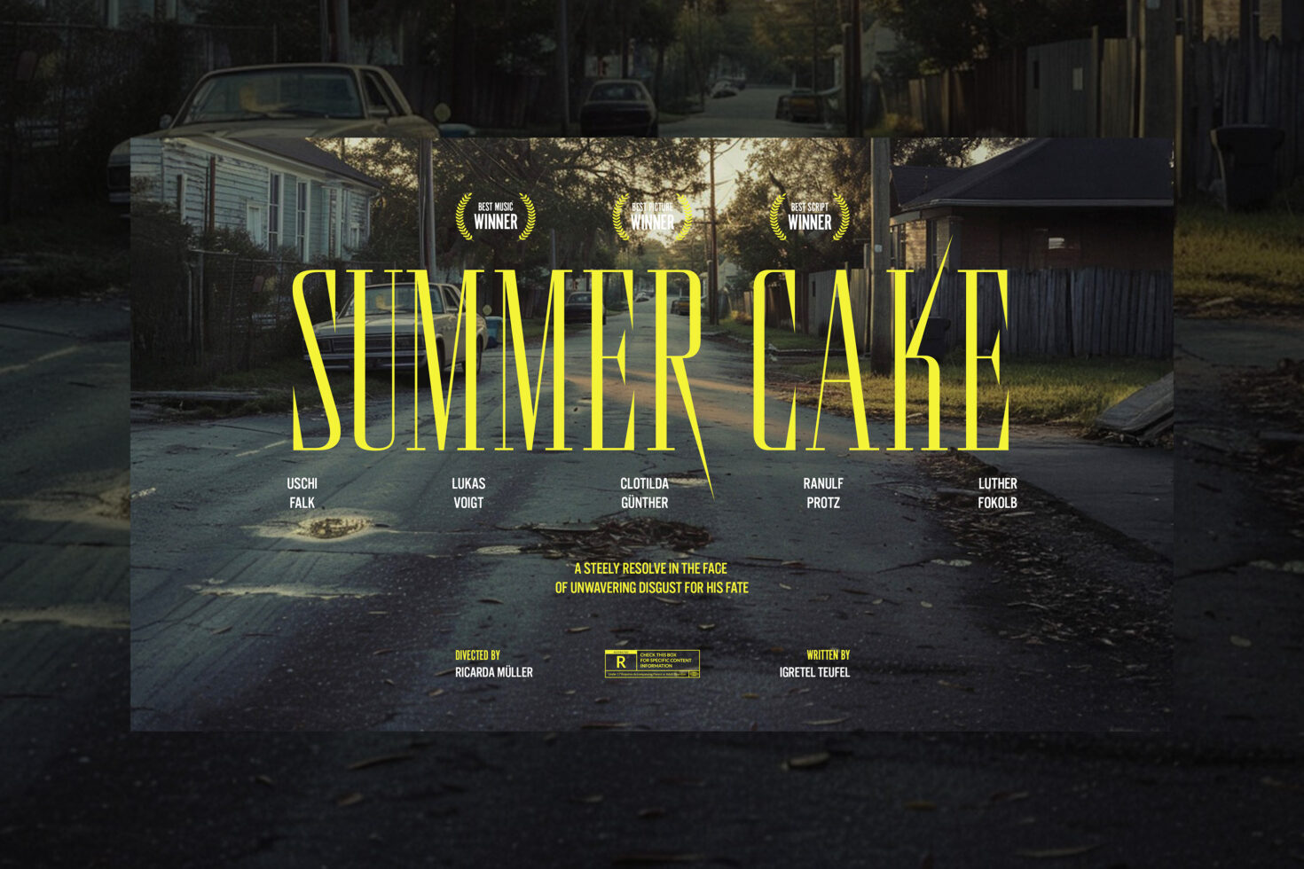 Movie poster design template featuring bold yellow typography over an urban street background. Ideal for film graphics and promotional materials.
