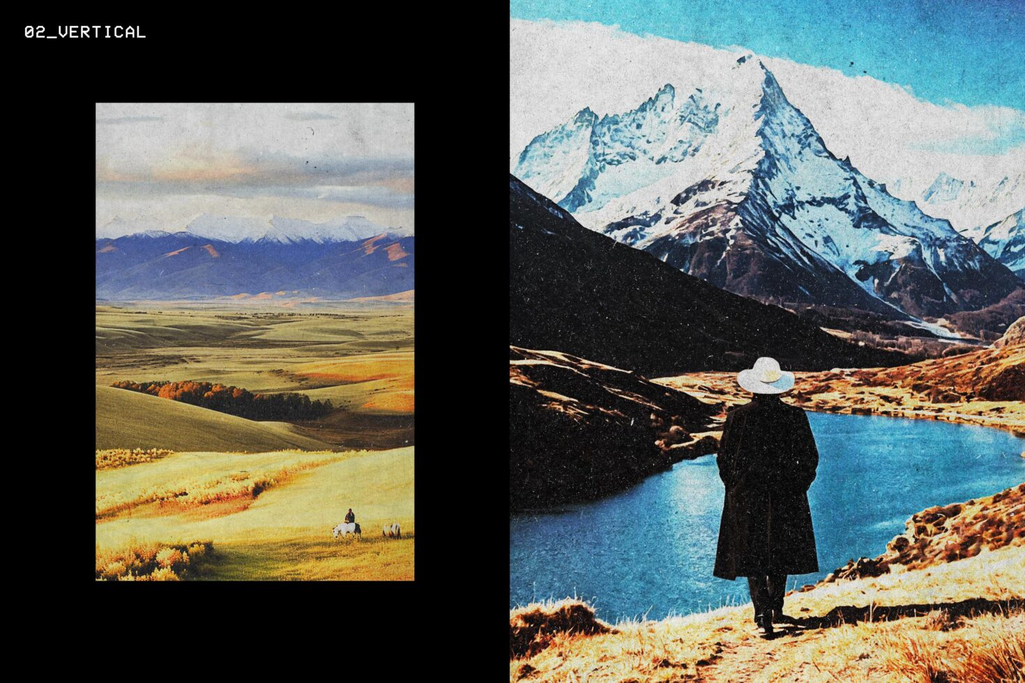 Vintage landscape graphics showcasing a hiker by a mountain lake and a person on a horse in a vast field. Perfect for designers and graphic templates.