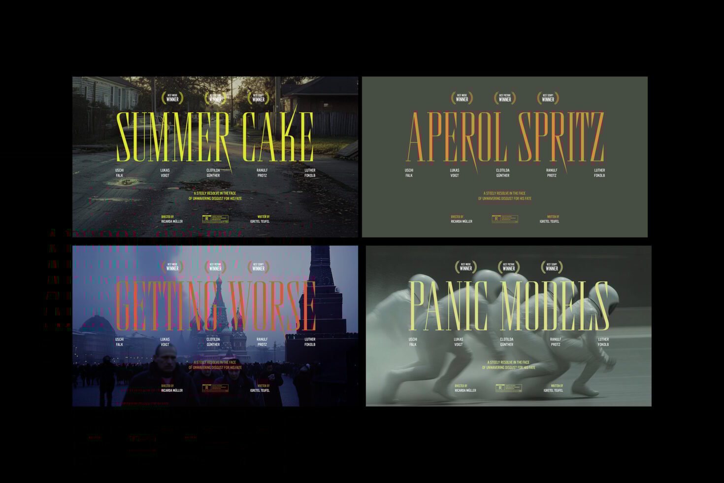 Set of four cinematic poster templates featuring bold typography and diverse color schemes; ideal for designers creating movie-themed graphics and mockups.
