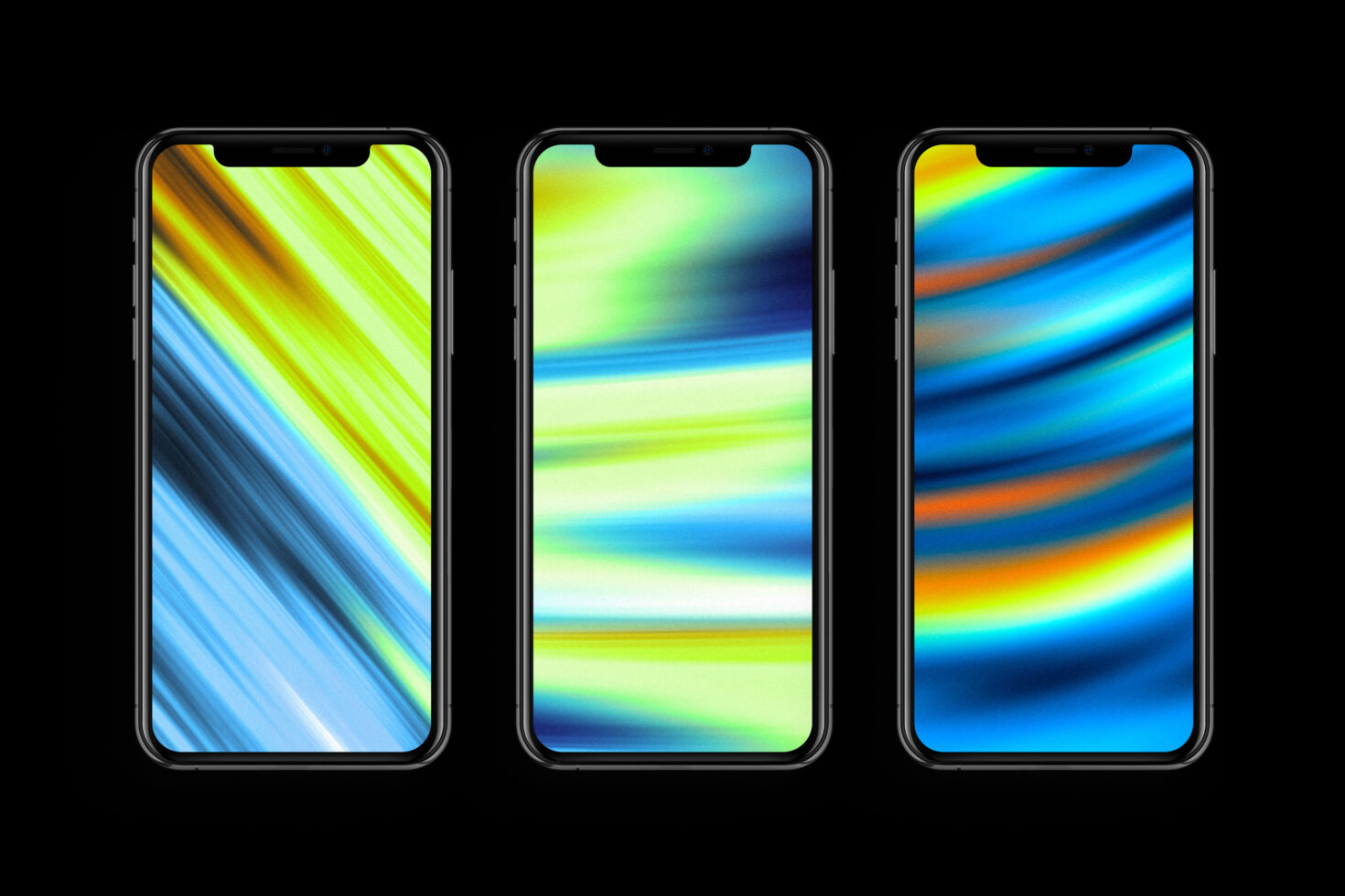 Three smartphones showcasing vibrant abstract wallpapers in blue green and yellow hues. Ideal for digital mockups templates and graphic design projects.
