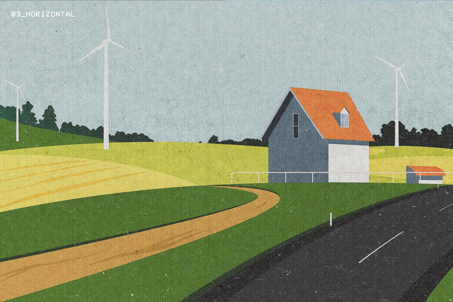 Illustration of rural landscape with house wind turbines fields and road. Perfect for mockups and illustration templates. Renewable energy concept graphics.