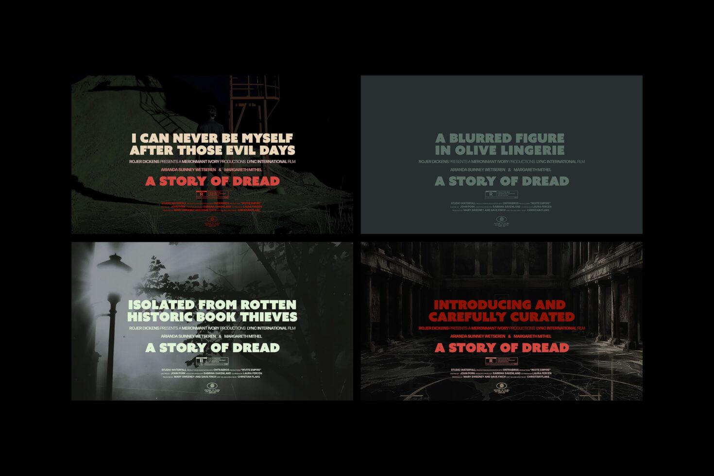 A set of four dark-themed horror movie posters titled A Story of Dread, featuring eerie imagery and text. Ideal for designers seeking inspiration, templates, graphics.