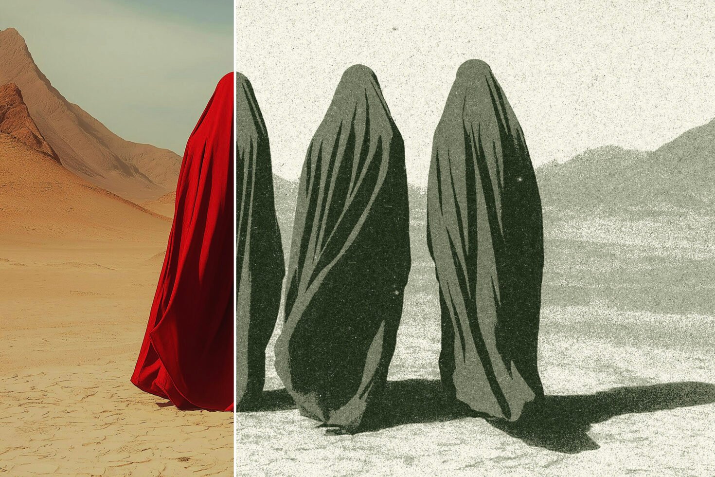 Desert scene with three cloaked figures transitioning from color to monochrome style ideal for graphic design assets and art templates.