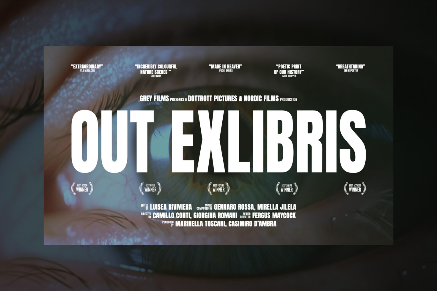 Movie poster for Out Exlibris with bold white text over an eye image. Includes awards and reviews. Keywords: movie poster, design, typography, graphic asset.