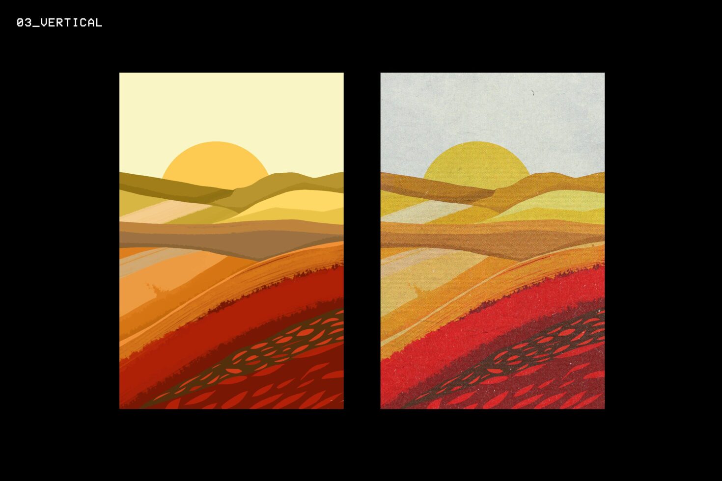 Colorful abstract landscape illustration, showcasing rolling hills and sunset. Ideal for design templates, graphics, and creative projects.