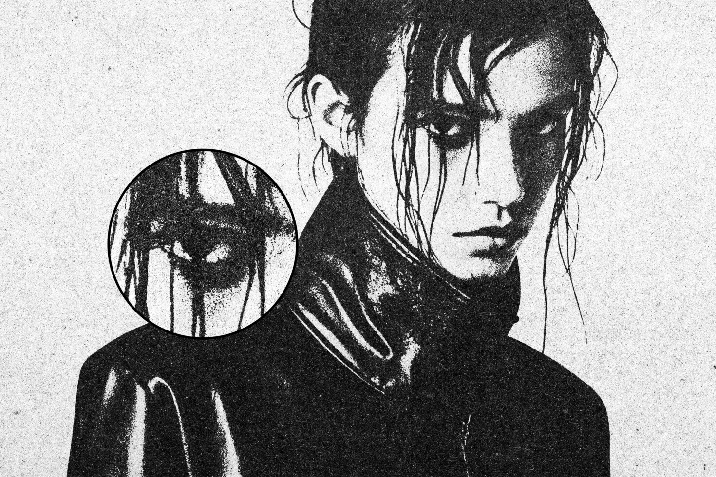 Grunge portrait of a person in a leather jacket with moody expression zoom detail; perfect for graphic design projects needing a dramatic edge