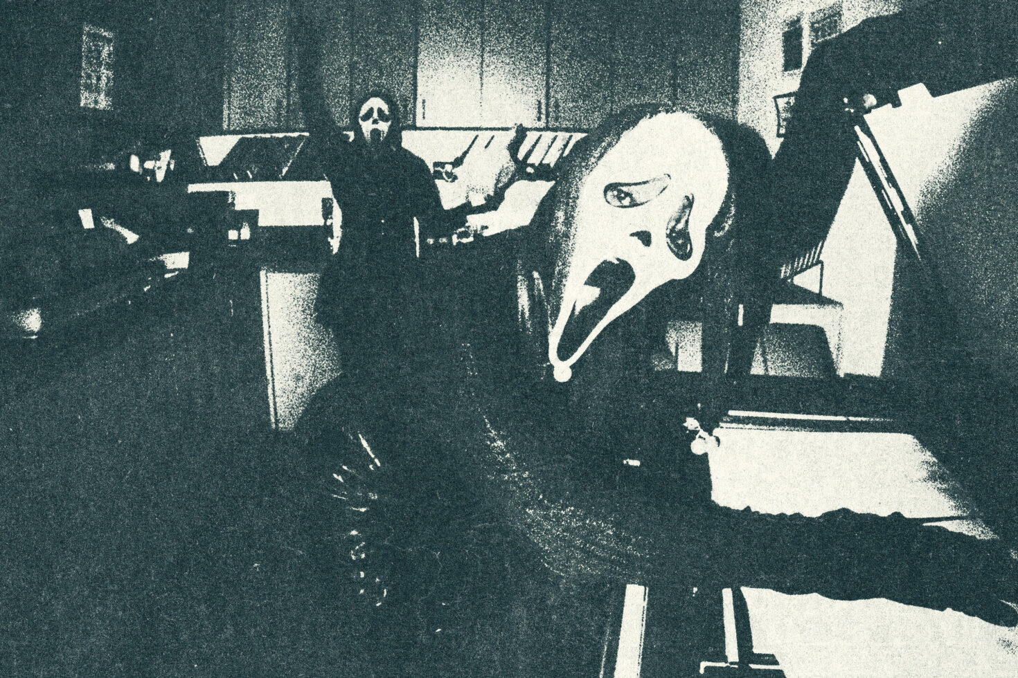 Eerie design template with figures in ghostly masks in an office setting. Ideal for graphics designers looking for horror themed creative inspiration.
