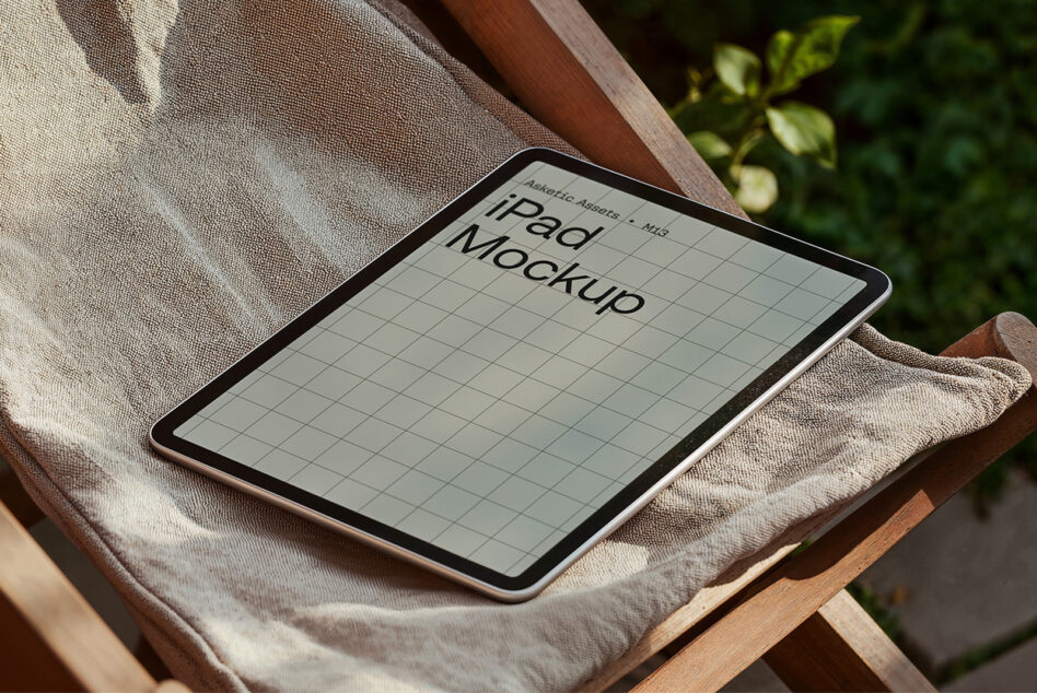 iPad on linen fabric outdoor setting with grid pattern screen mockup
