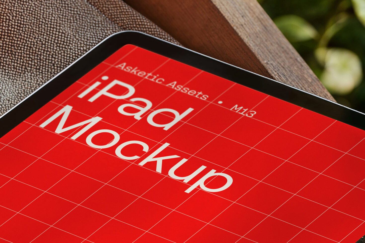 iPad mockup with red grid design on screen perfect for designers creating digital assets. High-quality tablet template for showcasing graphics.